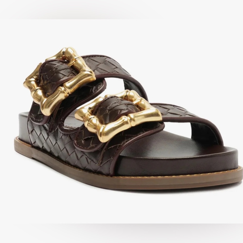SCHUTZ  Enola Dual Buckle Leather Sporty Slide Sandals woven